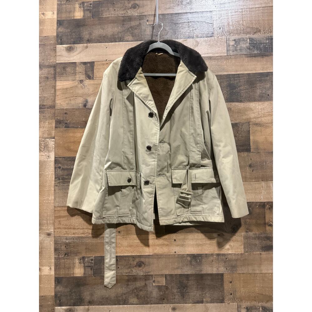 Beige- Canvas Coat with Brown Collar & Belt- Size Approx M/L Women